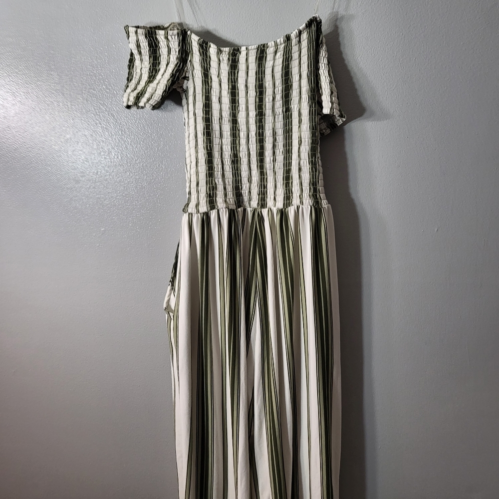 J For Justify Green Striped Off The Shoulder Jumpsuit With Pockets